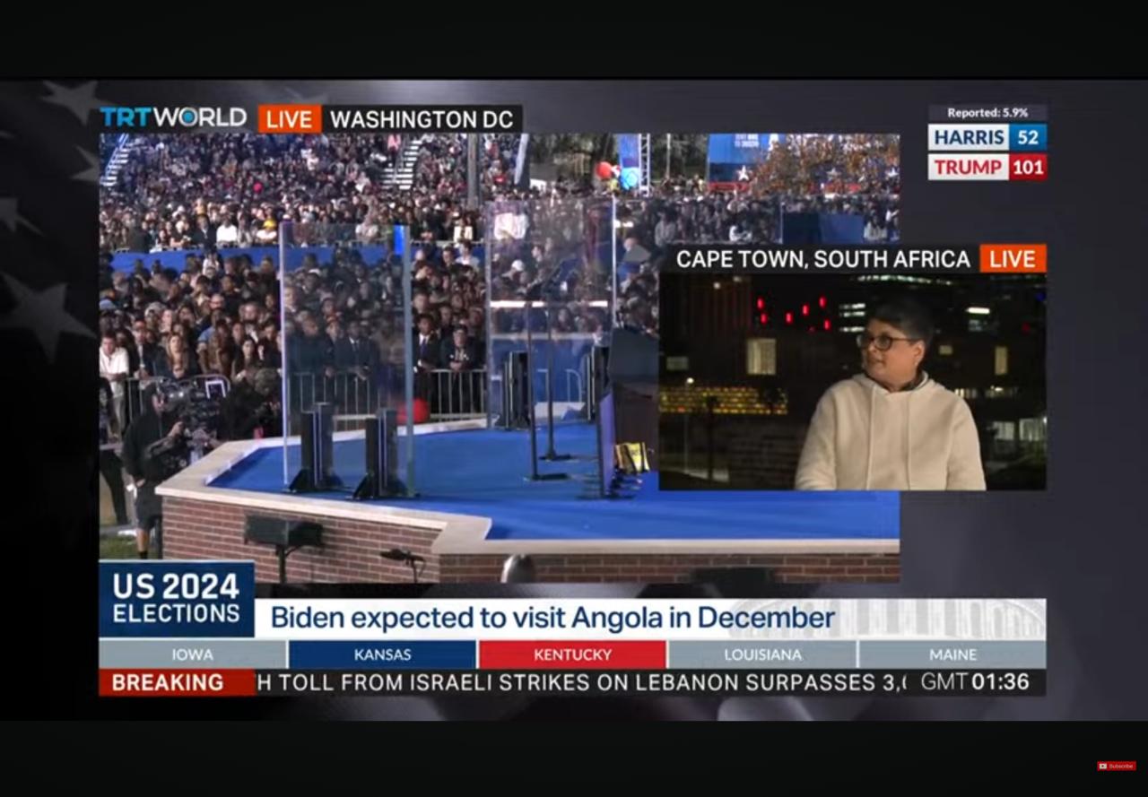 International election-night broadcast with live results graphics and a live cross from Cape Town, South Africa