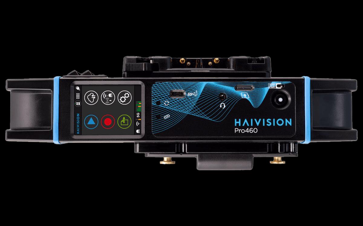 Haivision Pro460 bonded-cellular encoder and transmitter, showing its touchscreen control panel, connection ports and battery mount