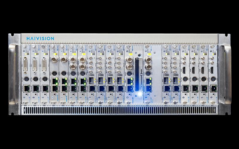 Rack-mounted Haivision encoder chassis fully loaded with encoder blades, SDI and network connections