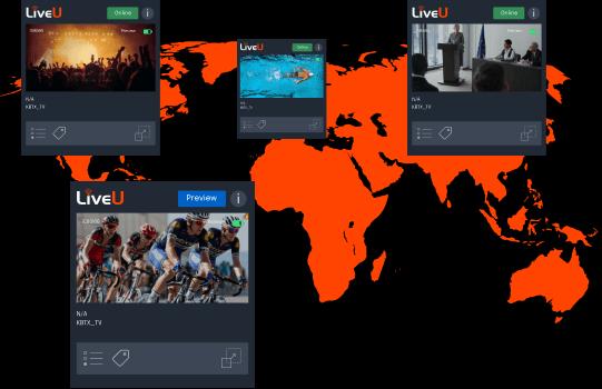 LiveU Matrix platform illustration, a world map with live feed cards showing concert, swimming, press conference and cycling coverage
