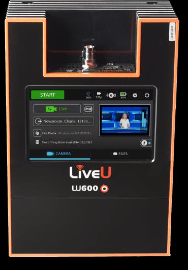 LiveU LU600 portable bonded-cellular transmitter with a touchscreen showing a live news feed