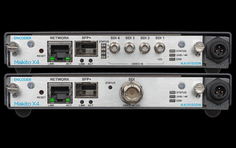 Two Haivision Makito X4 encoder units, showing quad 12G-SDI video inputs, SFP+ and network ports
