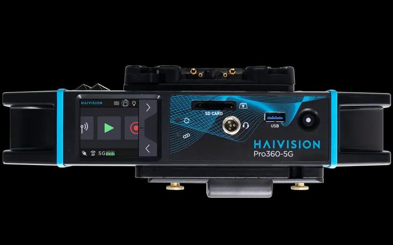 Haivision Pro360-5G compact mobile transmitter, showing its touchscreen, SD card slot and battery mount