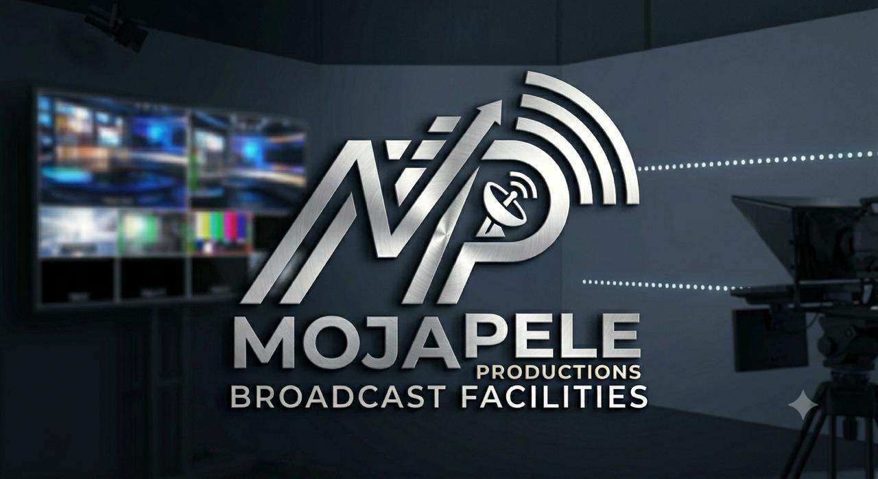 Mojapele Productions monogram displayed in a broadcast studio, with a multiviewer wall and studio camera in the background